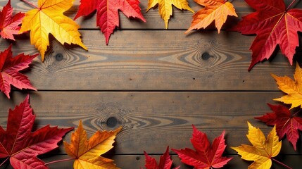 Autumnal Leaves Arranged on Rustic Wooden Surface, a Frame for Seasonal Designs and Fall Decorations
