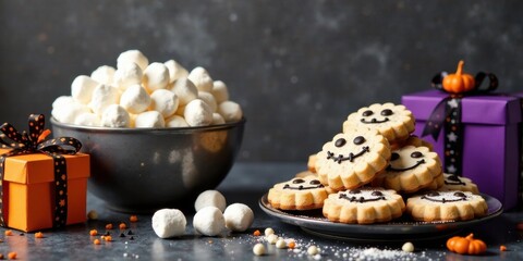 Spooky Season Sweet Treats  A Festive Arrangement of Halloween Cookies and Marshmallows with Gift Boxes