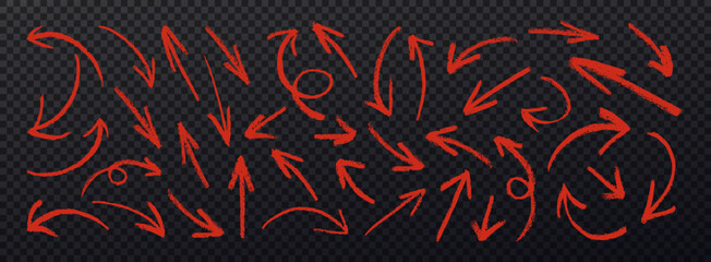 Rough charcoal arrows on transparent background. Set of red charcoal arrows strokes different forms. Brush elements for notes, highlighting and underlining in text