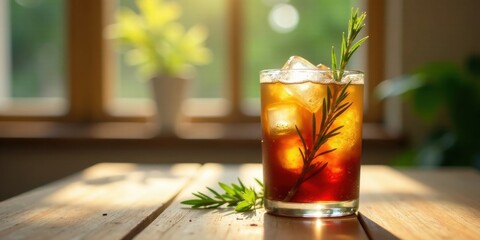 Refreshing Iced Coffee with Rosemary Garnish on Wooden Table in Sunlit Room