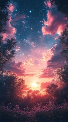 Beautiful sunset in the summer forest. Colorful sky with stars.