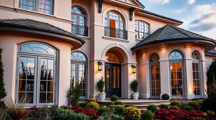 Fototapeta premium Magnificent Mansion: A Dream Home Exterior with Classic Architecture and Landscaping