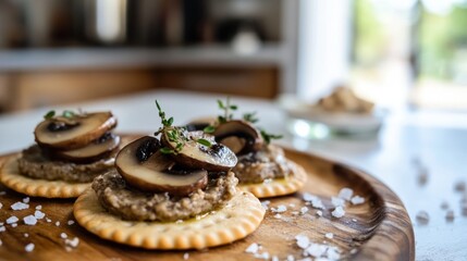 Fototapeta premium Mushrooms appetizer, crispy cracker with mushroom mousse or pate and fried mushroom at top, finger-food or mini snack closed-up photo, AI generated