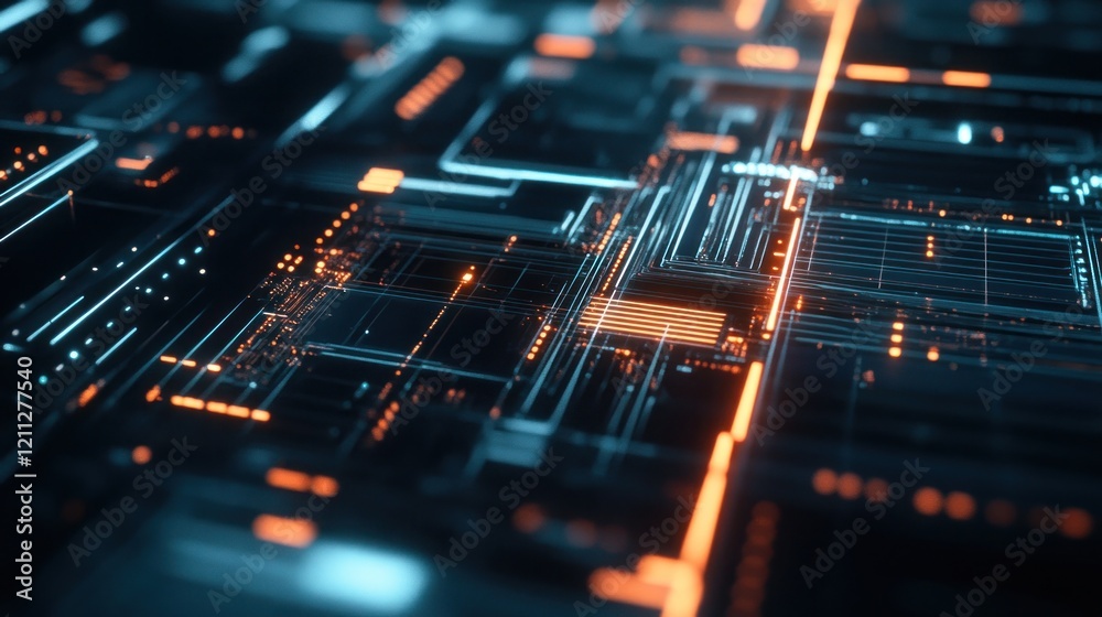 Poster abstract digital circuitry: glowing lines and nodes in a futuristic techscape