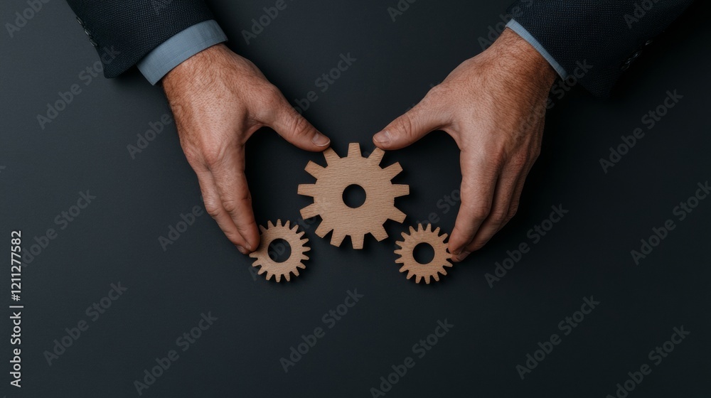Leinwandbilder modern minimalist collaboration hands aligning wooden gears on dark background for business innovati