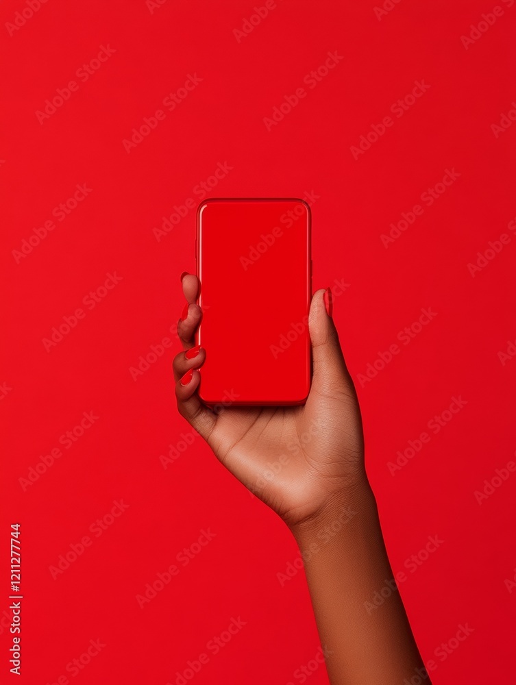 Aufkleber Vibrant Tech Aesthetic Close-Up of Hand Holding Sleek Smartphone with Bold Red Screen - Dynamic Mobile UI Design and Digital Branding for Cutting-Edge Business Solutions