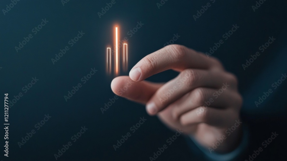 Poster Futuristic Holographic Analytics Hand Interacting with Bar Graph on Dark Matte Surface - Cutting-Edge Corporate Visual for Tech-Driven Financial Insights
