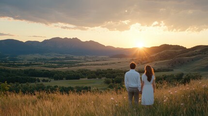 Fototapeta premium A couple stands hand-in-hand, gazing at a picturesque sunset over rolling hills and mountains, surrounded by lush fields.