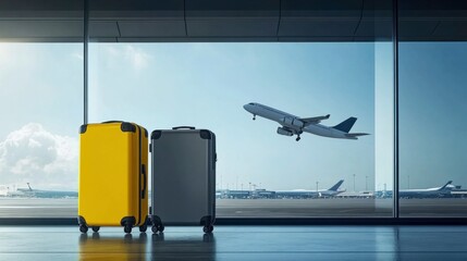 Bright Yellow and Metallic Gray Suitcases at Airport Terminal
