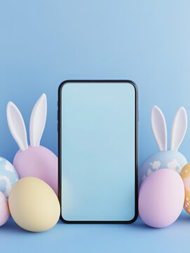 Mock up big phone screen and colorful easter eggs with bunny ears ,phone,easter,online,shopping,holiday,celebration,decoration,three-dimensional,easter egg,large 