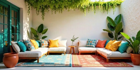 Relaxing Outdoor Patio Furniture with Vibrant Cushions and Lush Greenery
