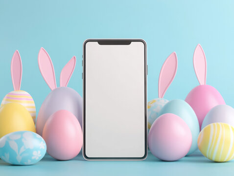 Mock up big phone screen and colorful easter eggs with bunny ears ,phone,easter,online,shopping,holiday,celebration,decoration,three-dimensional,easter egg,large 