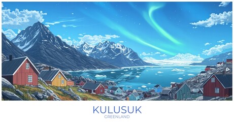 Kulusuk Greenland Travel Poster Flat Illustration Print Decor Gift Canvas Wall Art