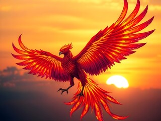Fototapeta premium Phoenix with fiery wings, flaming feathers, flying across the colorful twilight sky.