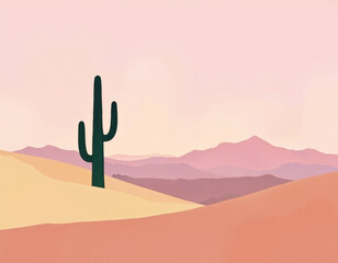Desert Landscape with Cactus and Mountains at Sunset