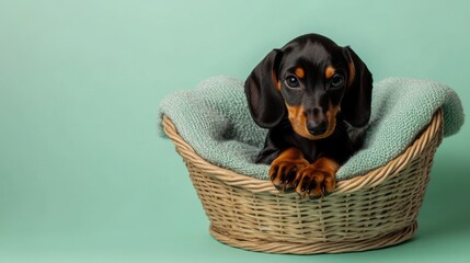 A Dachshund puppy curled up in a cushioned basket with light blankets, set against a mint green studio backdrop with subtle light, copy space, cute dog breed portrait