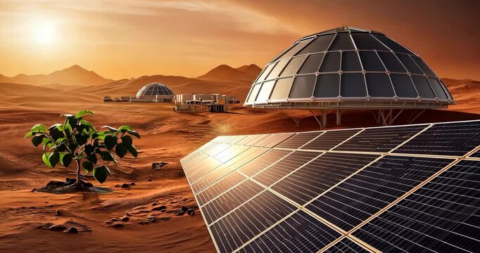 Solar energy installation and futuristic habitats on Mars at sunset