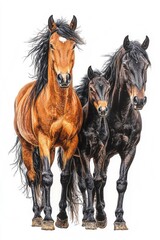 Obraz premium A family of horses, isolate on white background, standing together with playful and loving expressions.