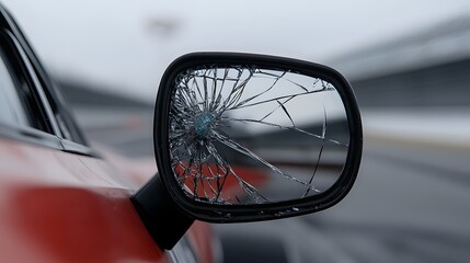 Close-Up of Shattered Side Mirror on a Race Car at the Track with a Blurred Background