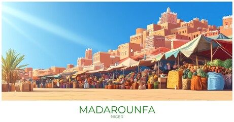 Obraz premium Madarounfa Niger Travel Poster Flat Illustration Print Decor Gift Canvas Wall Art