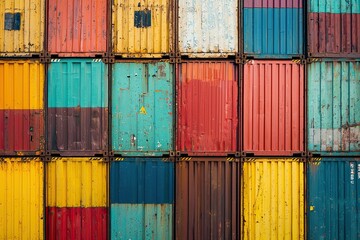 Fototapeta premium Stack of Cargo Containers at the docks for Logistic Import Export background