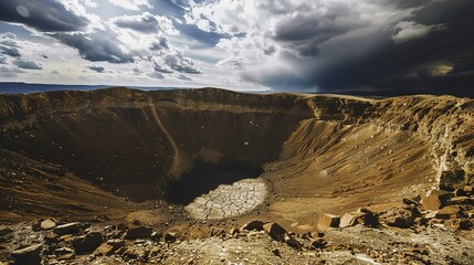 Massive meteor crater surrounded by cracked barren terrain under dramatic cloudy sky, showcasing the immense scale and raw power of natural geological formations.