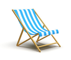 Wooden Framed Beach Chair with Blue and White Stripes on a White Background, 3d rendering
