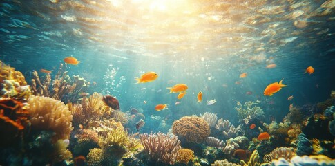 Obraz premium Vibrant Coral Reef Scene With Colorful Fish Swimming