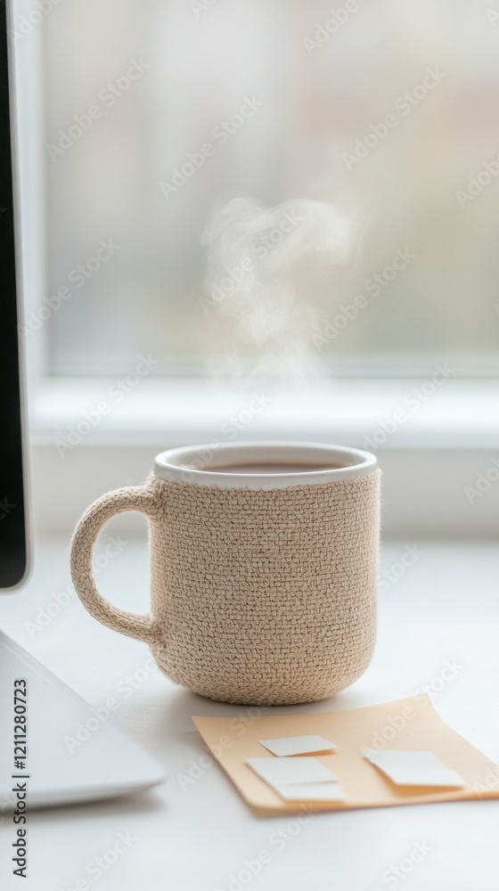 Aufkleber modern cozy home office widescreen monitor with digital training and rustic ceramic mug - boost exam