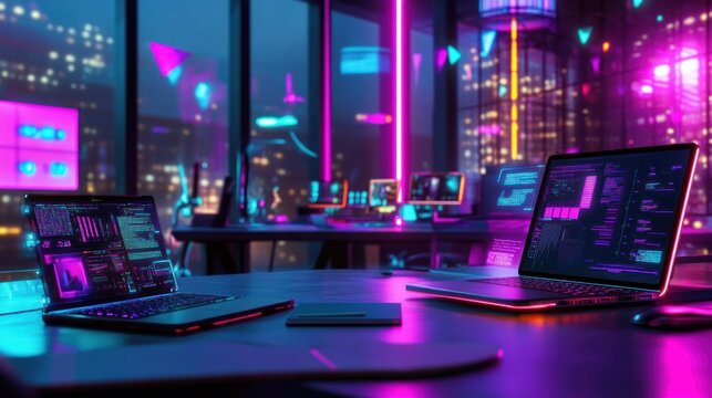Neon Cityscape Night Office Workspace with Two Laptops Displaying Data and Code