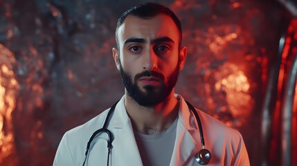 A doctor in a white coat stands confidently, embodying hope and professionalism in a modern, serene setting