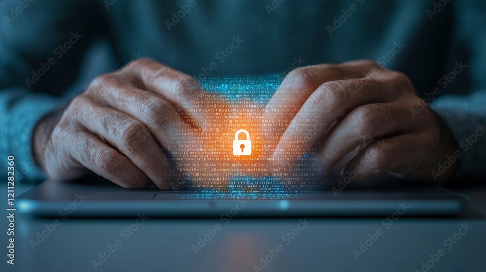 Poster contemporary cybersecurity male typing password on high-resolution laptop screen in blue-hued office