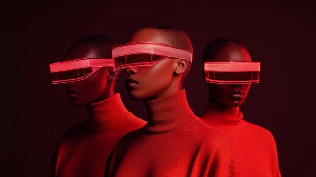 Futuristic Digital Fashion Cyberpunk Avatars in Neon Holographic Textures on Virtual Platform for NFT Wearables and Entertainment Innovation