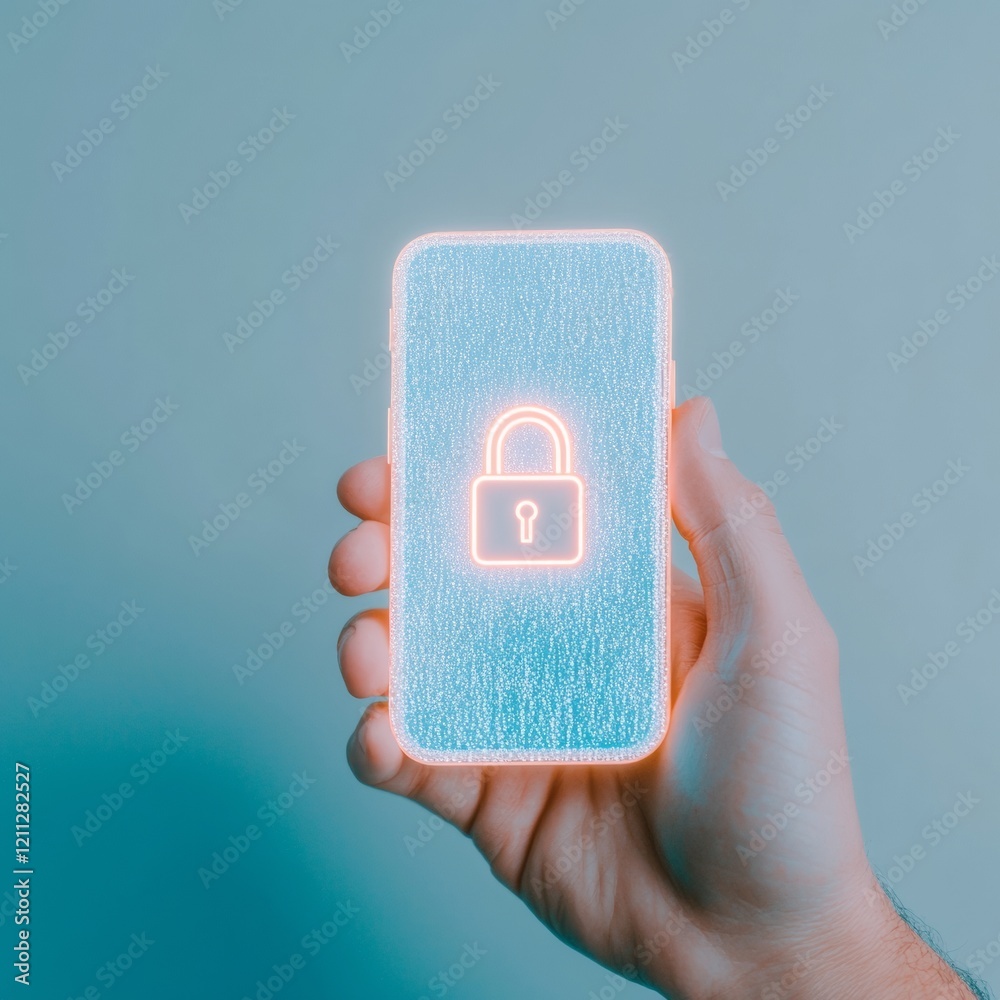 Poster Cutting-Edge Encrypted Communication Light-Skinned Hand Holding Smartphone with Glowing Lock Symbol - Cybersecurity Impact on Modern Business and Secure Messaging Tech Design