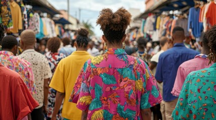 Fototapeta premium Woman in vibrant floral shirt amidst bustling market crowd