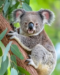 Naklejka premium A cute koala clings to a tree branch, surrounded by vibrant green leaves, showcasing its distinctive features and playful expression.