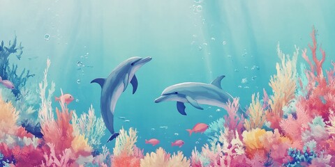 Fototapeta premium Two Dolphins Swim Gracefully Among Vibrant Coral Reefs