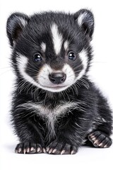 Obraz premium A baby skunk, isolate on white background, exuding cuteness with its tiny paws and fluffy fur.