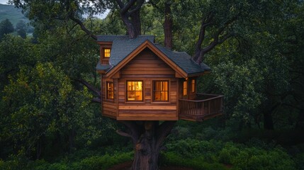 Secluded enchanting treetop cabin nestled in a lush twilight forest offering breathtaking dusk views