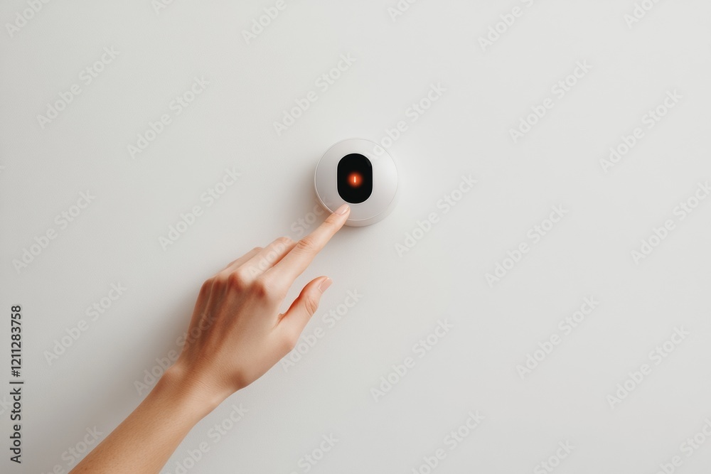 Aufkleber Minimalist Smart Thermostat Interface Womans Hand Optimizing Climate via App - Modern Eco-Tech for Advanced Home Comfort Solutions and Energy Efficiency