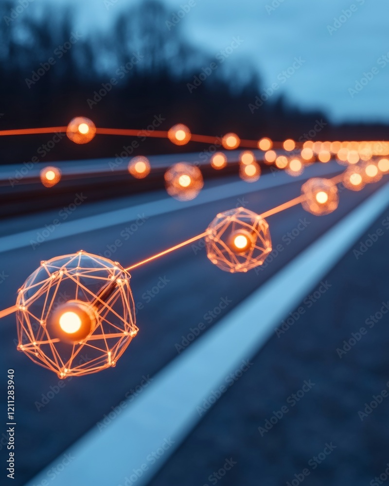 Poster Futuristic Energy Visualization Luminous Network Nodes on Urban Pathway - Smart Grid Connectivity and Business Efficiency in Sustainable Tech Marketing