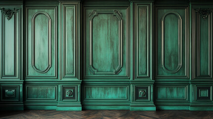 dark teal and emerald green wood paneling with luxurious distressed wainscoting for classic home interior design