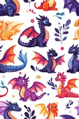 Fototapeta premium A flat style seamless pattern featuring dragons, isolate on white background, showcasing various dynamic poses.