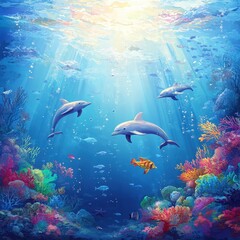 Obraz premium Dolphins swim amidst vibrant coral reef and sunlight