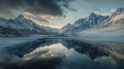 Fototapeta premium Majestic Mountain Lake Reflection: A Serene Winter Landscape