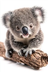 Fototapeta premium A baby koala, isolate on white background, displaying its small size and cute demeanor.