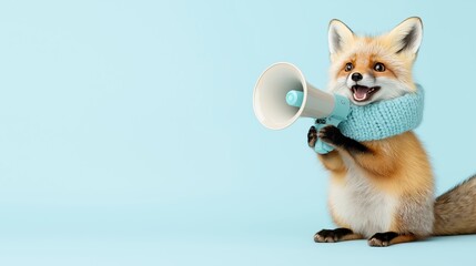 A clever fox dressed in a soft knitted scarf holding a megaphone, exuding charm and mischief