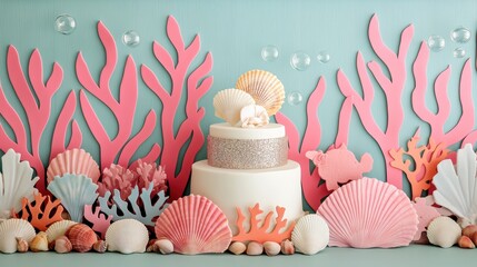 OceanInspired Cake with Pastel Seashells and Coral Decor
