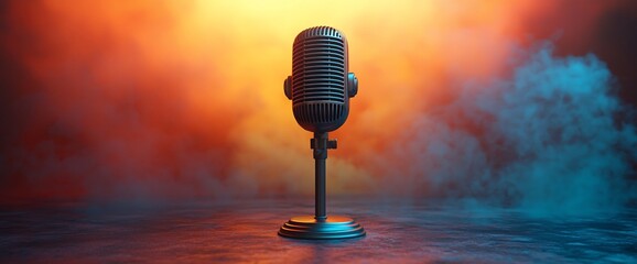 Retro microphone on stand in smoky studio.