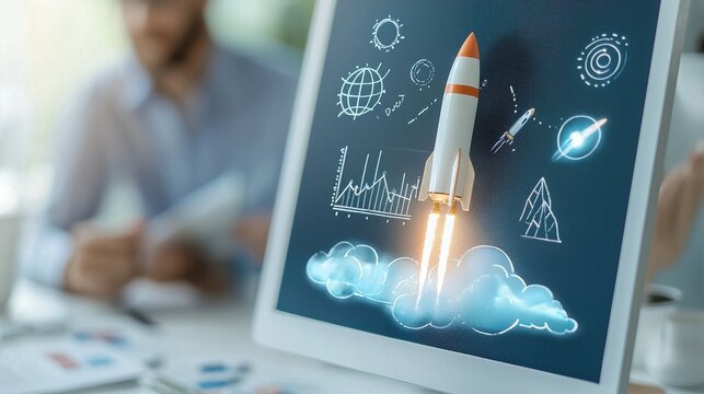Innovative rocket launch simulation digital workspace graphic design futuristic environment close-up view technology concept for seo impact